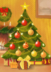 Christmas interior in night colors. Hand draw illustration for greating card, banner, flyer