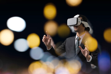 Metaverse. businessman wearing VR virtual reality headset with abstract bokeh light on dark background, future technology, network connection, networking security, digital marketing, internet concept