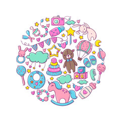 Hand drawn cute circle template with baby toys