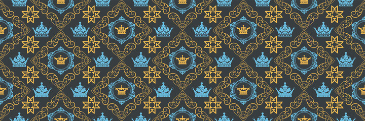 Beautiful background image with royal ornament in vintage style on black background for your design projects, seamless pattern, wallpaper textures with flat design. Vector illustration