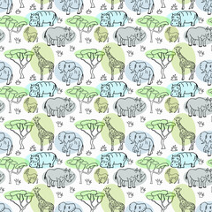Seamless background. Drawn by hand. An elephant, a giraffe, a hippopotamus, an antelope, a rhinoceros, trees are depicted. Can be used for fabric, wallpaper, background, wrapping paper.