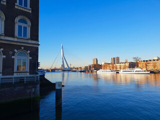 Fototapeta na wymiar Panoramic view of Meuse river Rotterdam and Erasmus bridge, nicknamed the Swan