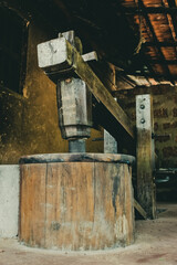 Ancient wooden hand pounded beaten rice machine , Mangalore, India