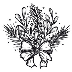 Vector New Year composition with spruce and mistletoe, pine branches, art.t-shirt design. Background white, Postcard for you. Handmade