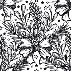 Vector New Year composition with spruce and mistletoe, pine branches, art.t-shirt design. Background light, seamless pattern. Handmade