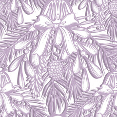 Vector New Year composition with spruce and mistletoe, pine branches, art.t-shirt design. Handmade. Background light, seamless pattern