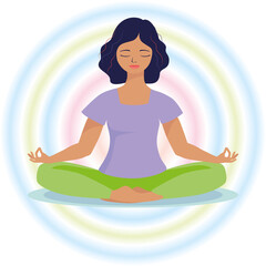 Woman meditating in nature and leaves. Concept illustration for yoga, meditation, relax, recreation, healthy lifestyle. Vector illustration in flat cartoon style . Enlightenment