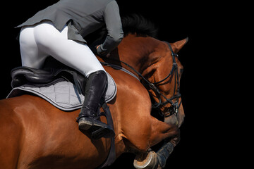 A rider on horseback jumping on dark background. Sportsman on bay horse isolated on black background.