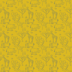 Seamless background. Drawn by hand. An elephant, fat, antelope, hippopotamus, rhinoceros are depicted. Can be used for fabric, wallpaper, background, wrapping paper.