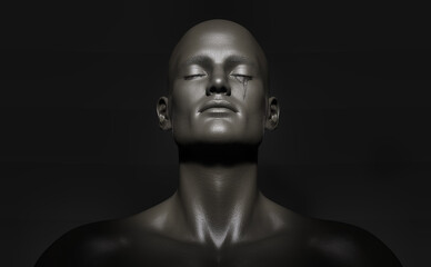 3D illustration of a male figure with her eyes closed and shedding tears, dark background