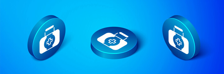 Isometric First aid kit icon isolated on blue background. Medical box with cross. Medical equipment for emergency. Healthcare concept. Blue circle button. Vector