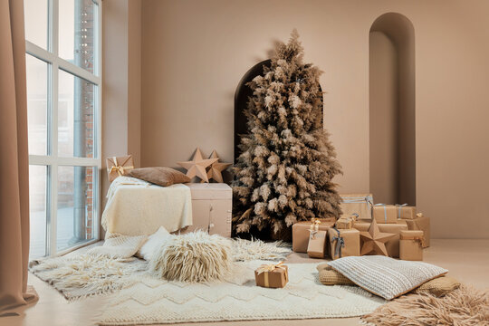 Christmas tree from Pampas grass and handmade presents packed in kraft paper