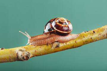 A large snail with horns and a brown shell crawls along a branch on a green background © Alexander