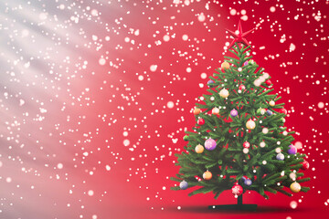 Christmas tree. Red background, gradient of light rays. Defocus light snow. Greeting card. 3D illustration.