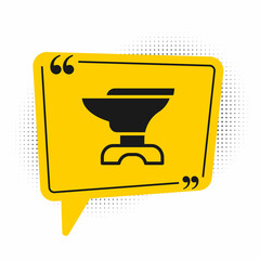 Black Anvil for blacksmithing and hammer icon isolated on white background. Metal forging. Forge tool. Yellow speech bubble symbol. Vector