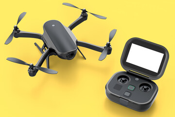 Photo and video drone or quad copter with action camera and remote on yellow