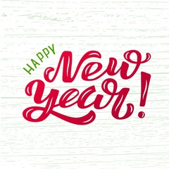 Hand drawn vector illustration with color lettering on textured background Happy New Year for winter season greeting, invitation, celebration, advertising, poster, card, banner, print, label, template