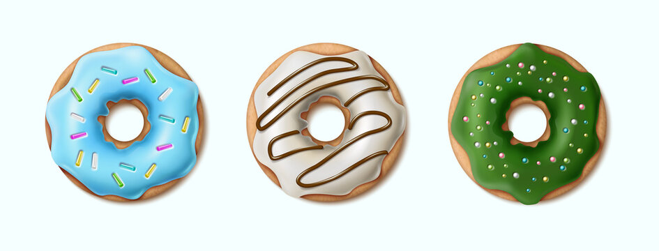 realistic vector icon set. Colorful sprinkled dougnuts in blue, white and green chocolate.