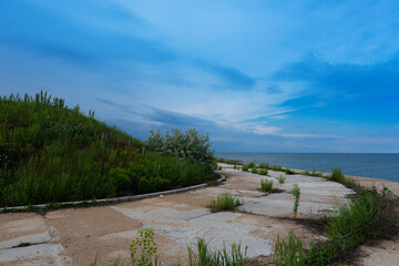Forgotten old concrete embankment on the Black Sea coast of Ukraine