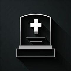Fototapeta premium Silver Grave with tombstone icon isolated on black background. Long shadow style. Vector