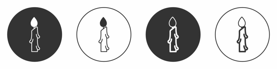 Black Burning candle icon isolated on white background. Cylindrical candle stick with burning flame. Circle button. Vector