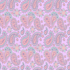 Hand drawn Pastel Paisley Seamless Pattern for kids design, party, anniversary, birthday. Design for banner, poster, card, invitation and scrapbook