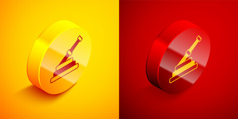 Isometric Fire hose reel icon isolated on orange and red background. Circle button. Vector