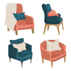 Chairs for home interior, isolated on a white background. Vector cartoon set of wooden chairs with armrests, comfortable seats for the living room. Modern leisure furniture