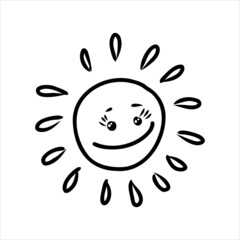 Vector illustration of a smiling sun. Cartoon doodle style hand drawn SUN. For fabric design, educational materials for children, postcards with the Day of the Sun