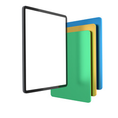 Set of computer tablets with cover case and blank screen isolated on white.