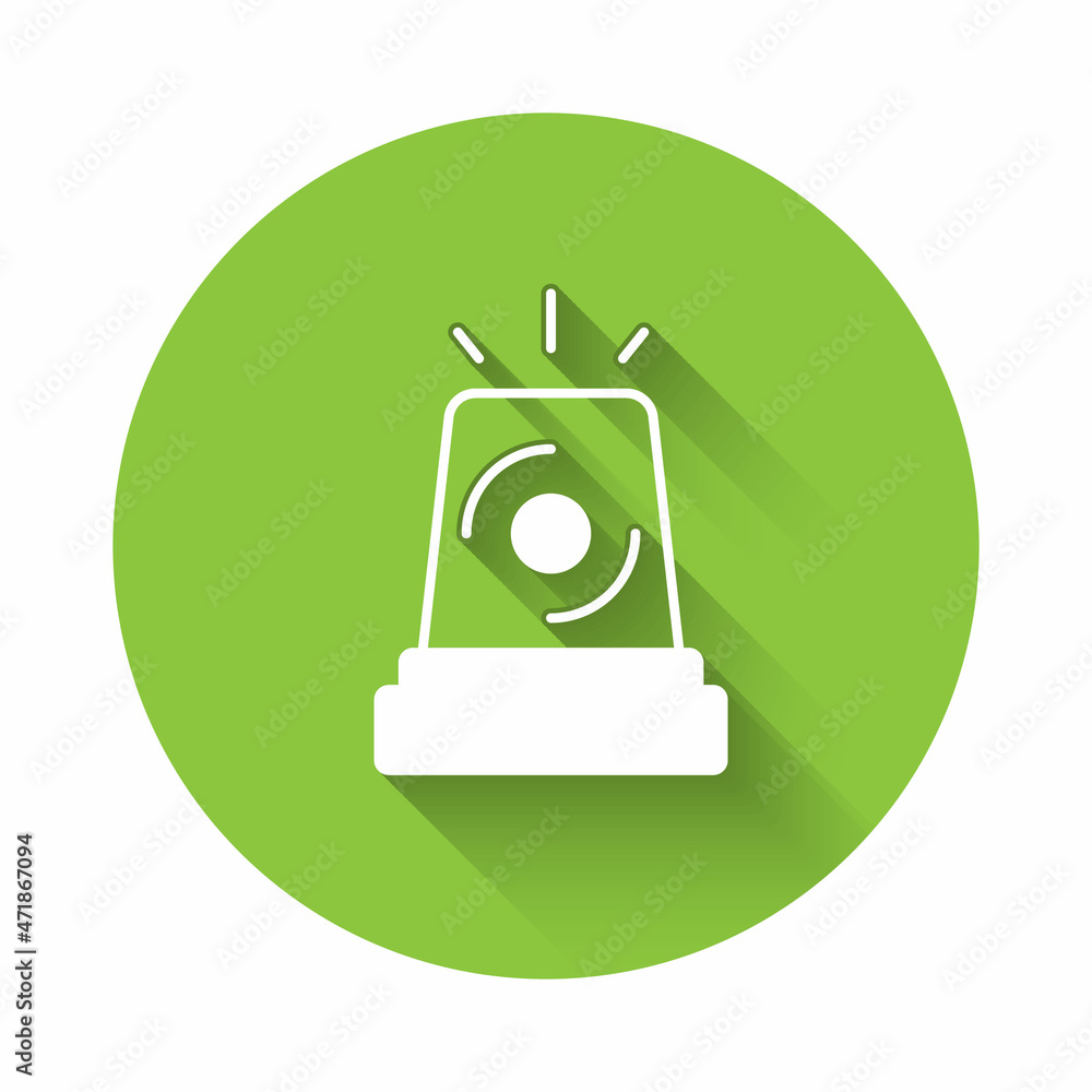 Poster white flasher siren icon isolated with long shadow background. emergency flashing siren. green circl