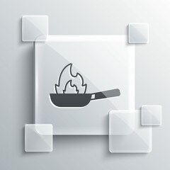 Grey Pan with fire icon isolated on grey background. Square glass panels. Vector