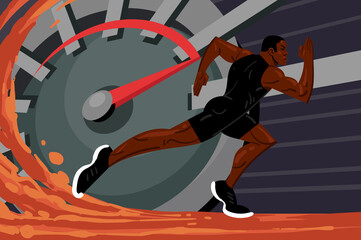 Running african athlete, red arrow show maximum speed in background. Sprinter competition abstract concept. Strong sportsman in black sport suit, speedy, fast runner, Flat vector illustration