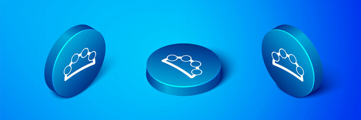 Isometric Musical instrument percussion tambourine, with metal plates icon isolated on blue background. Blue circle button. Vector