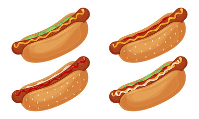 An appetizing set of four hot dogs. Delicious juicy hot dogs with sausage, ketchup, mayonnaise, mustard and lettuce leaf. Fast food in cartoon style. Vector illustration on a white background