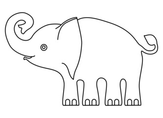 Cheerful baby elephant with a raised trunk. Line drawing illustration.
