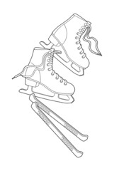 Figure skating. Skates are female. Line drawing.  illustration, silhouette and line