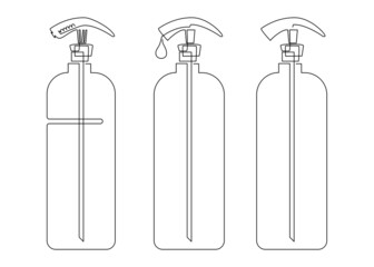 Plastic bottle dispenser pump for liquid. Blank product packaging mockup template design. Continuous line drawing illustration.