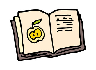 Vector an open book with an apple color pattern. a doodle-style children's book with a yellow apple on an open page, brown on white for design
