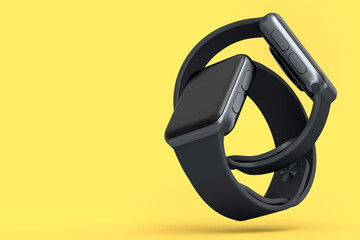 Fototapeta premium Set of black smart watches or fitness tracker isolated on yellow background.