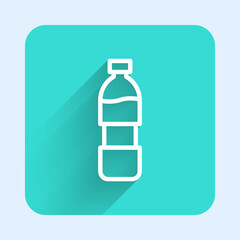 White line Bottle of water icon isolated with long shadow background. Soda aqua drink sign. Green square button. Vector