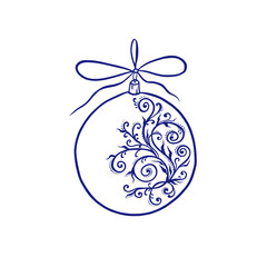 Blue Christmas ball, decorated with a beautiful pattern with curls, flowing lines and a bow. Isolated on a white background. Watercolor hand drawn illustration. For the design of cards, packaging.