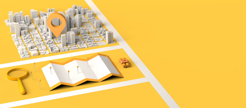 Location concept in urban environment with map, locator mark and magnifying glass. 3D illustration. Copy space.