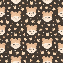 cute vector seamless pattern with cartoon red-haired girls' faces, crowns, stars, dots. children's background.