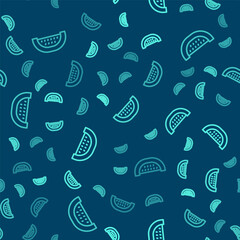 Green line Watermelon icon isolated seamless pattern on blue background. Vector