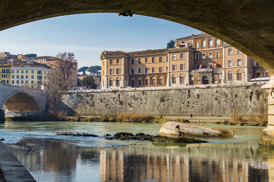 Broken boat in Tiber river, Rome, Italy