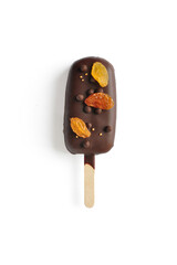 Chocolate ice cream with raisins isolated on white background