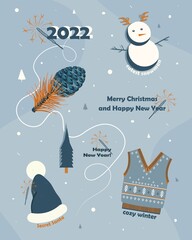 Vector Christmas stickers. Illustration with snowman and secret santa. New Year's holiday motives. Holiday lovely stickers.