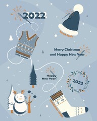 Vector winter stickers. Illustration with sparklers and secret santa. New Year's holiday motives. 