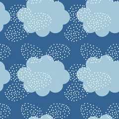Zelfklevend Fotobehang Blue and white Winter Doodle Abstract seamless Pattern with cloud and snowflake. Trendy hand drawn textures Winter-time Background. Snowy Abstractive design for paper, fabric, interior decor, wrapping © Katerina Era